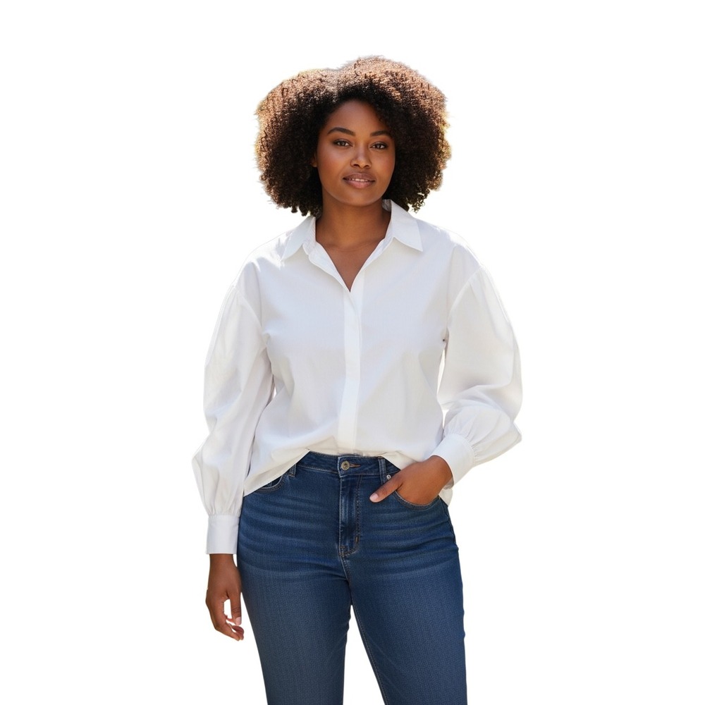 Karen Kane Womens White Puff Sleeve Button‎ Down Shirt Size L NEW Coquette